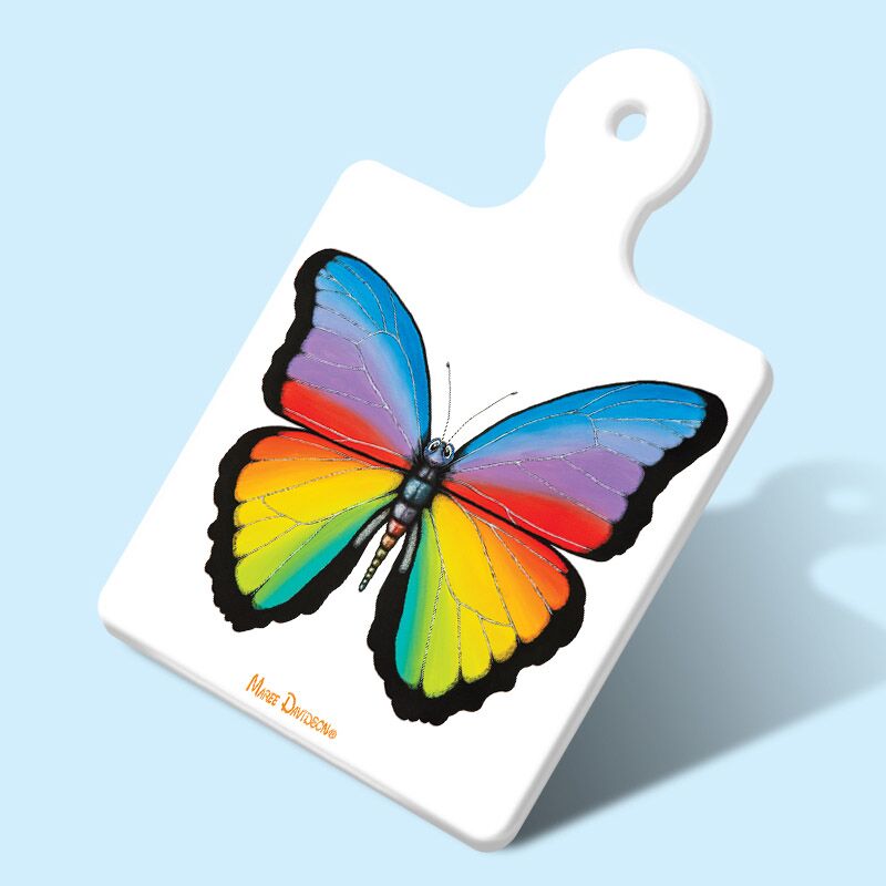Twiggy the Rainbow Butterfly - Ceramic Square Trivet with Handle - Image 1