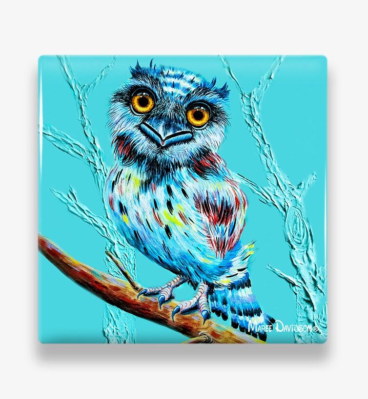 Aqua-Tawny-Frogmouth-2-Ceramic-Coaster-Maree-Davidson.jpg Aqua Tawny Frogmouth Owl - Ceramic Coaster - Image 1