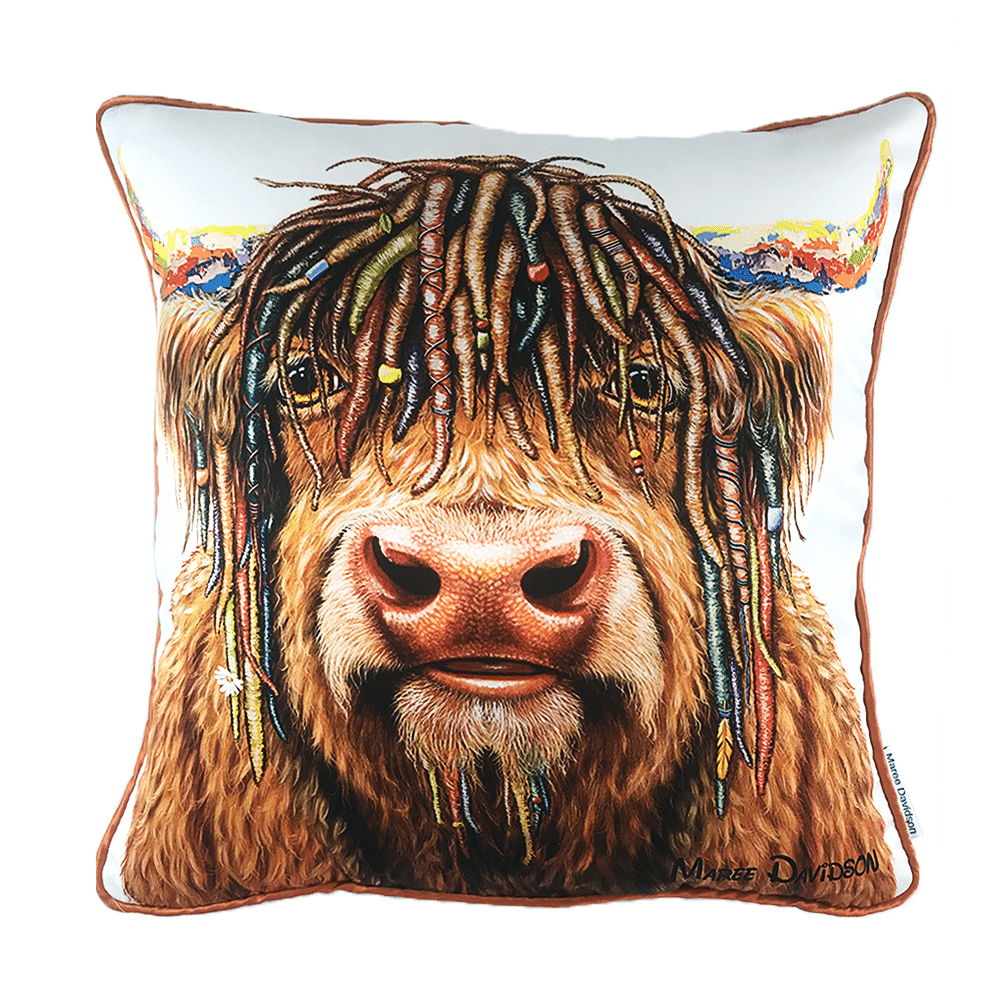 BAZZA-CUSHION-COVER-MAREE-DAVIDSON-ART.png Bazza the Highland Cow - Cushion Cover - Image 1