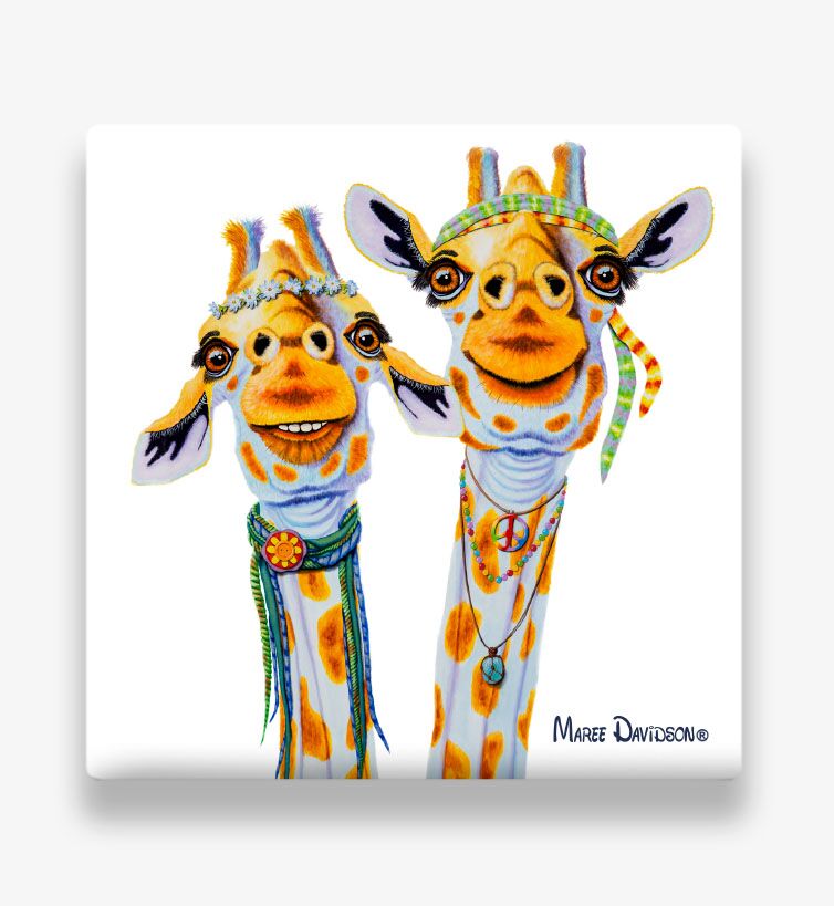 Jenny-and-Jude-the-Hippie-Giraffes-coaster.jpg Jenny and Jude the Hippie Giraffes - Ceramic Coaster - Image 1