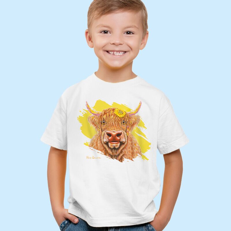 Shazza-white.jpg Shazza the Highland Cow - Kids T-Shirts - Image 1
