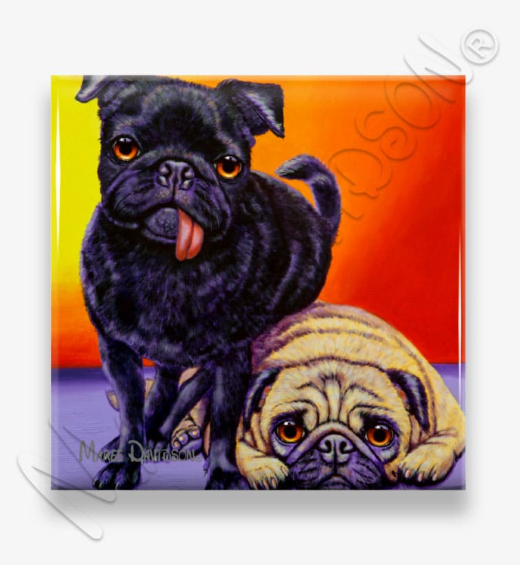 Sunny-and-Budda-Ceramic-Coaster-Maree-Davidson.jpg Double Trouble the Pug Dogs - Ceramic Coaster - Image 1